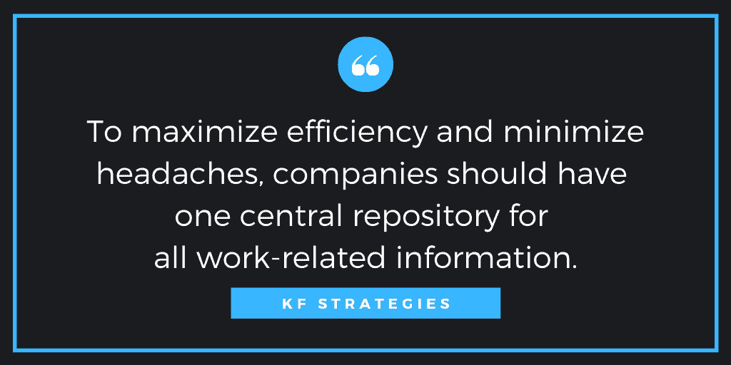 graphic design of quote from Kimberly Fulwood about how to maximize time needed for remote work that says to maximize efficiency and minimize headaches companies should have one central repository for all work related information