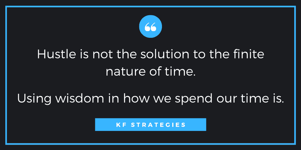 graphic design of quote from Kimberly Fulwood about how to use your time wisely that says hustle is not the solution to the finite nature of time using wisdom in how we spend our time is